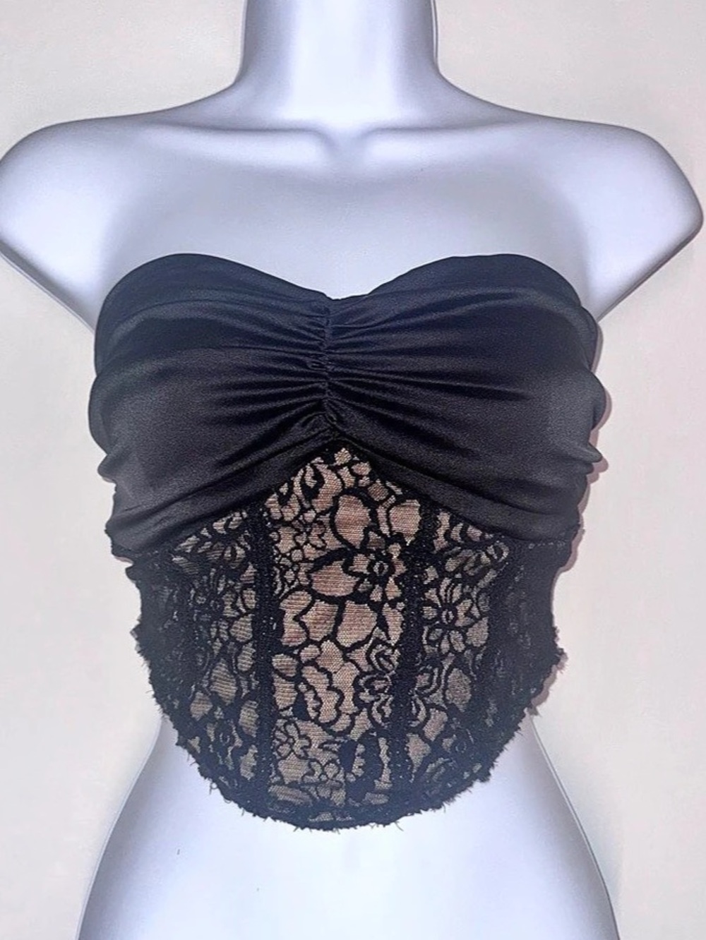 Black Lace Corset Bustier Top Ruched Satin Top